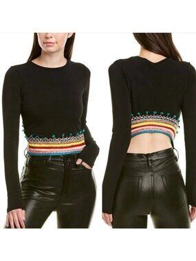 Alice + Olivia Delaina Embroidered Back Crop Long Sleeve Top Womens Medium